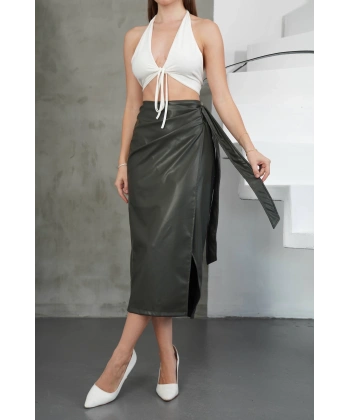 Kuşaklı uzun deri etek haki h26414