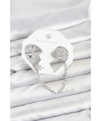 Kutup Yıldızı Model Pirinç Gümüş Renk Zincir Bağlantılı Ear Cuff Küpe Seti