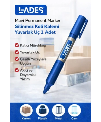 Lades Mavi Permanent Marker Silinmez Koli Kalemi Yuvarlak Uç 1 Adet