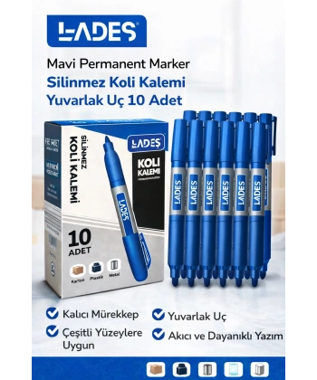 Lades Mavi Permanent Marker Silinmez Koli Kalemi Yuvarlak Uç 10 Adet
