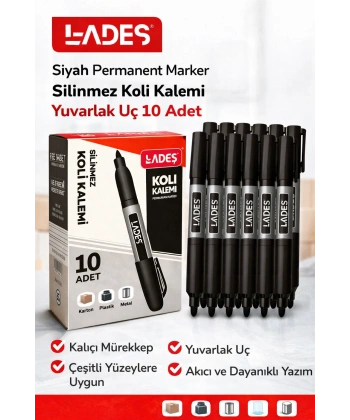 Lades Siyah Permanent Marker Silinmez Koli Kalemi Yuvarlak Uç 10 Adet