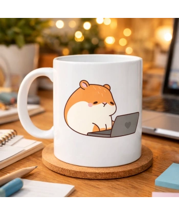 Laptoplu Hamster Desenli Porselen Kupa MODEL 112 – Sevimli Çalışkan Hamster Tasarımlı Kahve Kupası , Ofis & Ev İçin Tatlı Hediye