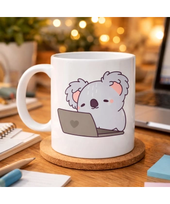 Laptoplu Koala Desenli Porselen Kupa MODEL 111 – Sevimli Ofis Kupası , Çalışanlara Özel Tatlı Hediye