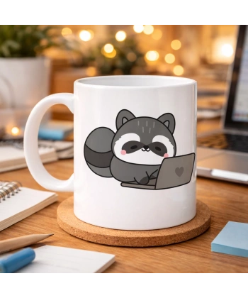 Laptoplu Sevimli Rakun Desenli Porselen Kupa MODEL 114 – Ofis İçin Eğlenceli Kahve Kupası , Çalışanlara Özel Tatlı Hediye