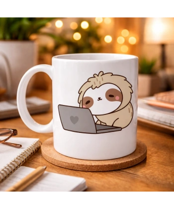 Laptoplu Tembel Hayvan Desenli Porselen Kupa MODEL 109 – Sevimli Sloth Tasarımlı Kahve Kupası , Ofis & Ev İçin Eğlenceli Hediye