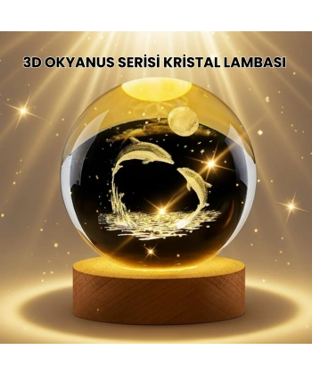 Lazer İşlemeli Yunus Kristal Küre Sıcak Işıklı Ahşap Standlı