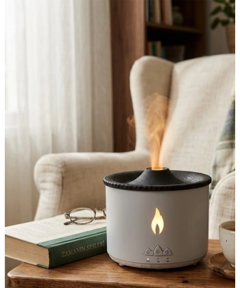 LED Alev Efektli Aroma Difüzörü Ultrasonik Hava Nemlendirici Gece Lambası Fonksiyonlu