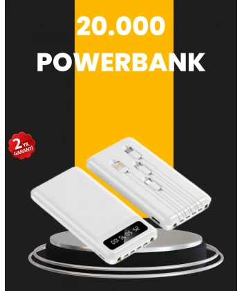 LED Işıklı 20.000mAh Powerbank LCD Gösterge Dahili Çoklu Kablo