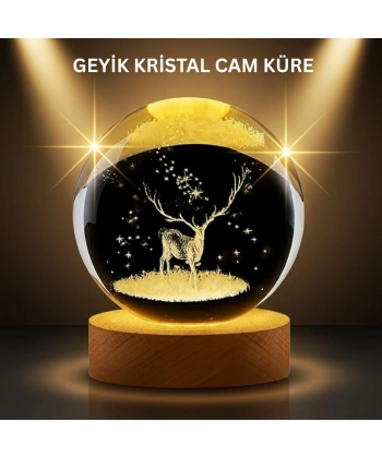 LED Işıklı Geyikli Kristal Küre Ahşap Standlı Modern Dekor Lamba