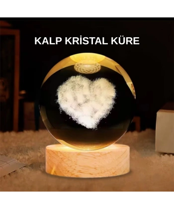 LED Işıklı Kalp Desenli Cam Küre Büyük Boy Ahşap Tabanlı