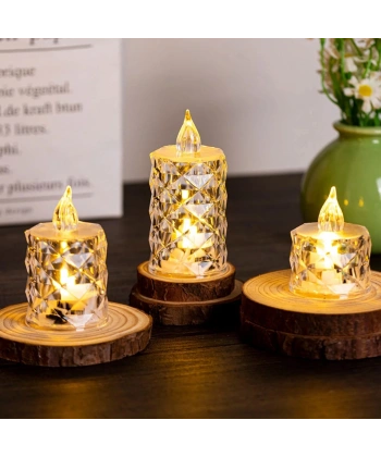 Led Mum Şeffaf Kristal LED Mum Pilli Alevsiz Çay Mumu Düğün Doğum Günü Ortam Işığı Midi