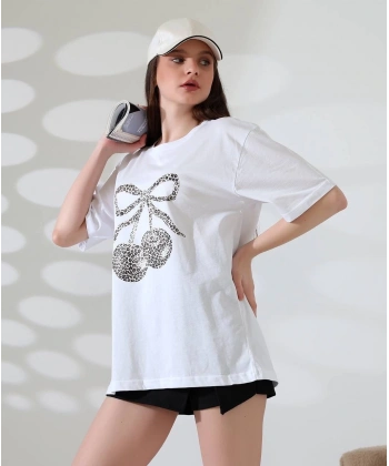 Leopar desenli kiraz baskılı tişört