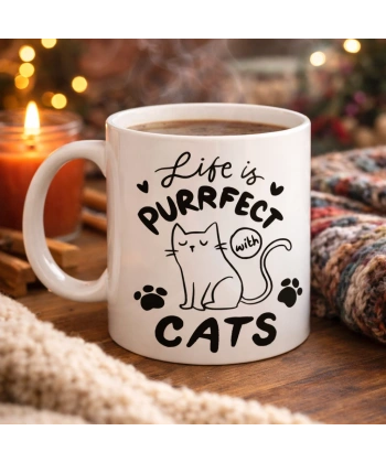 Life is Purrfect with Cats – Kedi Desenli Porselen Kupa MODEL 62 Sevimli Kedi Figürlü Kahve Kupası