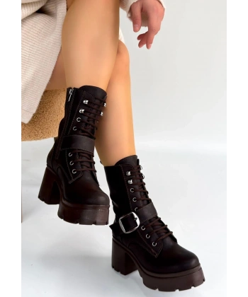 Linma Acı Kahve Cilt Bağcıklı Topuklu Bot