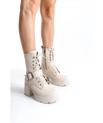 Linma Bej Cilt Bağcıklı Topuklu Bot