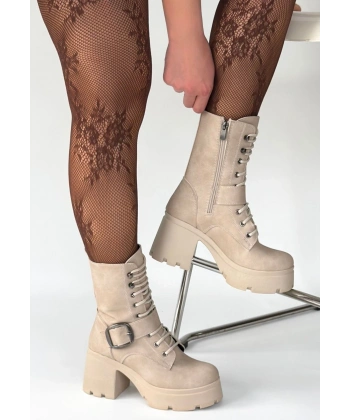 Linma Bej Nubuk Bağcıklı Topuklu Bot