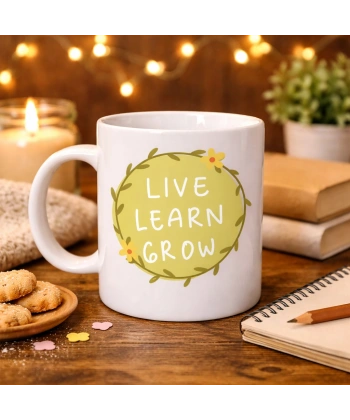 Live Learn Grow Motivasyon Kupası MODEL 133 – YAŞA , ÖĞREN , GELİŞ İlham Veren Tasarım, Porselen Kupa, Pozitif Mesajlı Kahve & Çay Kupası