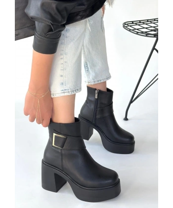 Lonji Siyah Cilt Topuklu Bot