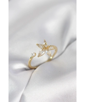 Lotus Model Zirkon Taşlı Gold Renk Kadın Yüzük