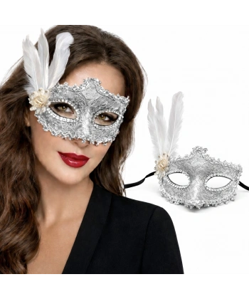 Lüks Beyaz Tüylü Venedik Maskesi – Taşlı Dantel Tasarım
