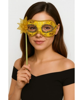 Lüks Taşlı Saplı Maskeli Balo Maskesi Altın Renk 35 cm