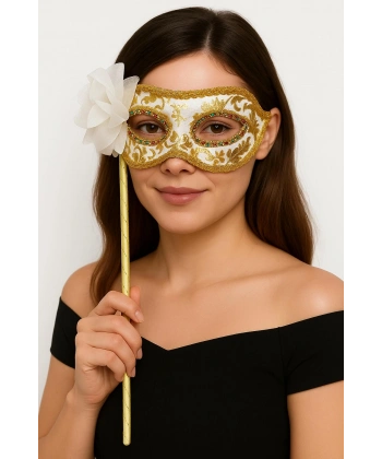 Lüks Taşlı Saplı Maskeli Balo Maskesi Beyaz Renk 35 cm