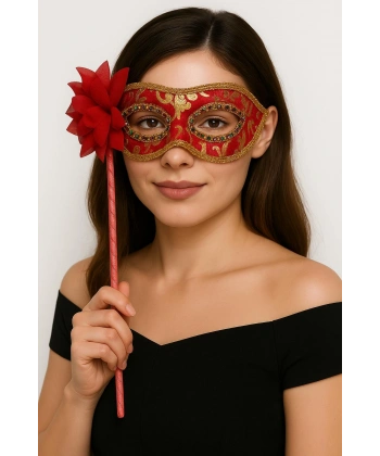 Lüks Taşlı Saplı Maskeli Balo Maskesi Kırmızı Renk 35 cm