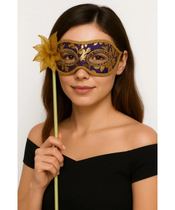 Lüks Taşlı Saplı Maskeli Balo Maskesi Mor Renk 35 cm