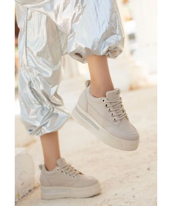 Lulu Bej Cilt Bağcıklı Spor Ayakkabı