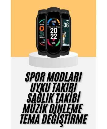M6 Akıllı Bileklik Siyah Adımsayar Spor Takibi Android ve İOS Uyumlu