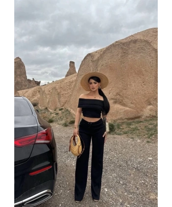 Madonna yaka bol paça pantolonlu takım