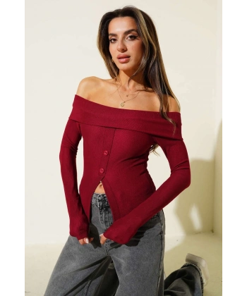 Madonna Yaka Düğmeli Bluz bordo t4329