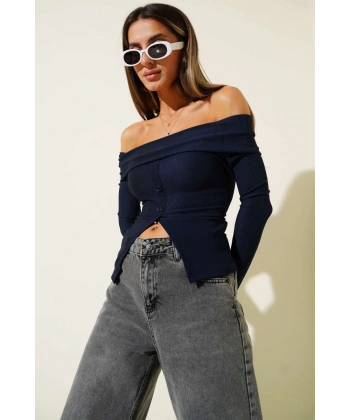 Madonna Yaka Düğmeli Bluz Lacivert t4329