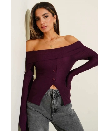 Madonna Yaka Düğmeli Bluz Mürdüm t4329