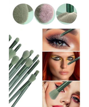 Makyaj Fırça Seti Yeşil 13 Parça Fondöten Fırçası Allık Fırçası Far Fırçası