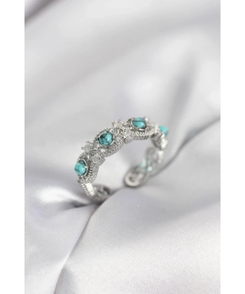 Mavi Taşlı Gümüş Renk Vintage Kadın Yüzük