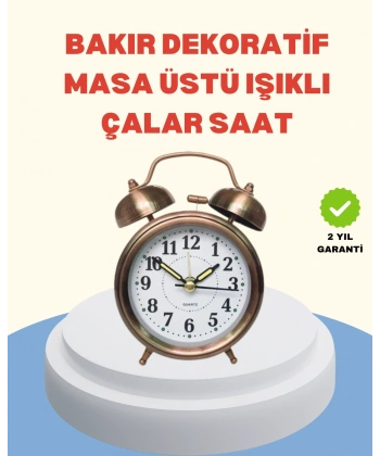 Metal Bronz Nostaljik Masa Saati Alarmlı Büyük Boy Sessiz Mekanizmalı