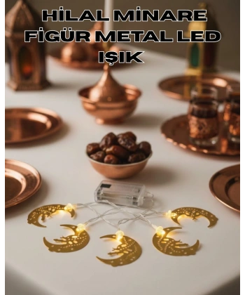 Minareli Hilal LED Işık Gold Metal Gövdeli Pilli Ramazan Dekoru