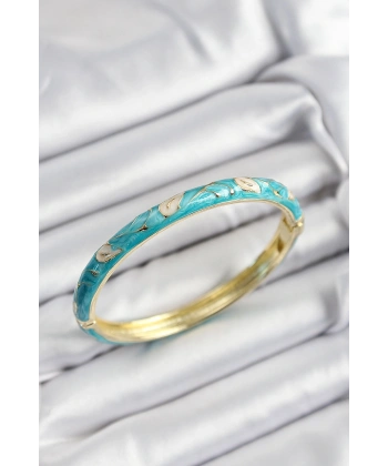 Mineli Pirinç Krem Ve Turkuaz Yaprak Motifli Gold Renk Kadın Kelepçe