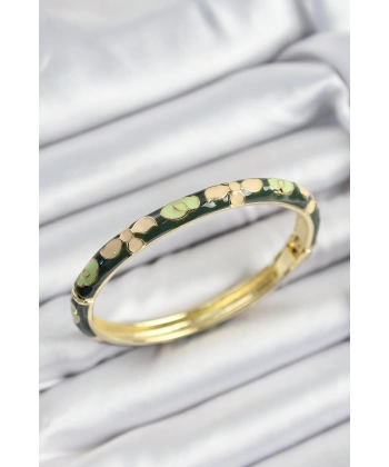 Mineli Pirinç Krem Ve Yeşil Çiçek Motifli Gold Renk Kadın Kelepçe