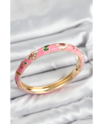 Mineli Pirinç Pembe Çiçek Motifli Gold Kadın Kelepçe
