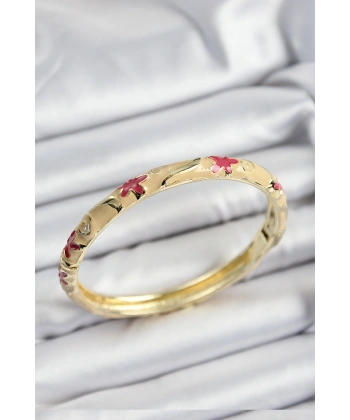 Mineli Pirinç Pembe Ve Krem Çiçek Motifli Gold Renk Kadın Kelepçe