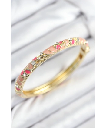 Mineli Pirinç Zirkon Taşlı Pembe Çiçek Motifli Gold Kadın Kelepçe