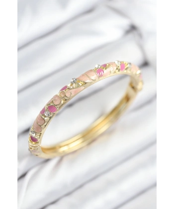 Mineli Pirinç Zirkon Taşlı Pembe Çiçek Motifli Gold Kadın Kelepçe