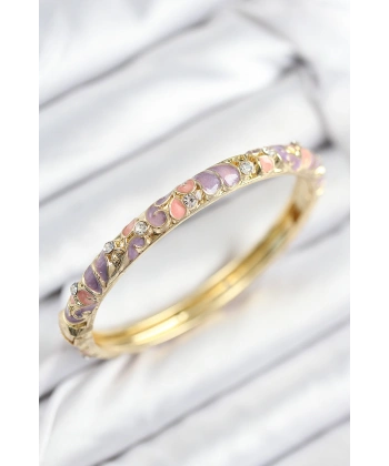 Mineli Pirinç Zirkon Taşlı Pembe Mor Çiçek Motifli Gold Kadın Kelepçe