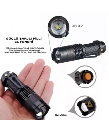 Mini Güçlü Şarjlı Pilli EL Feneri Watton Wt-304