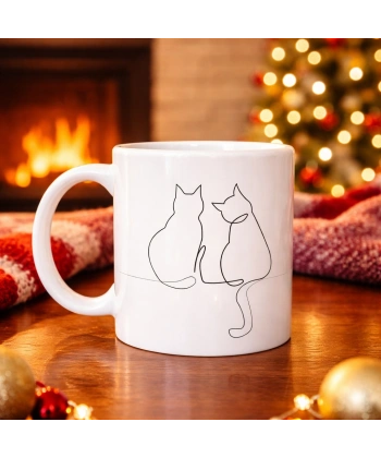 Minimal Çizim İki Kedi Desenli Porselen Kupa MODEL 77 – Sevgi Temalı Şık Tasarım, Kahve & Çay Kupası