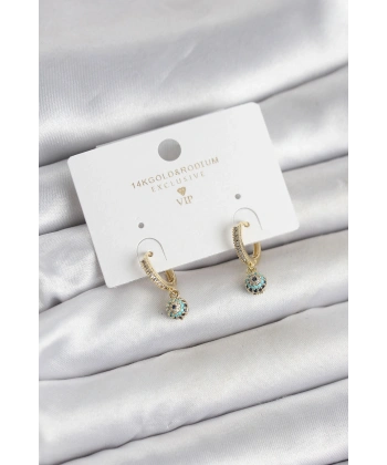 Minimal Nazarlı Model Gold Renk Zirkon Taşlı Kadın Küpe