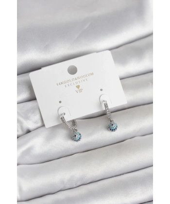 Minimal Nazarlı Model Gümüş Renk Zirkon Taşlı Kadın Küpe