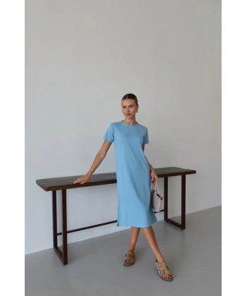 Modal yırtmaçlı elbise mavi pt